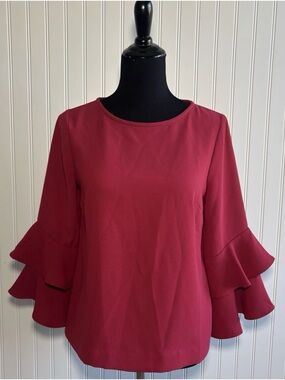 J.Crew Blouse 6 Red Ruffle Bell Sleeve Top Business Casual Statement
